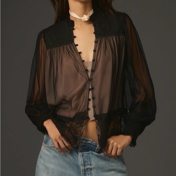 Anthropologie Tops - Anthropologie Layered Tulle Puff-Sleeve
Lace Blouse